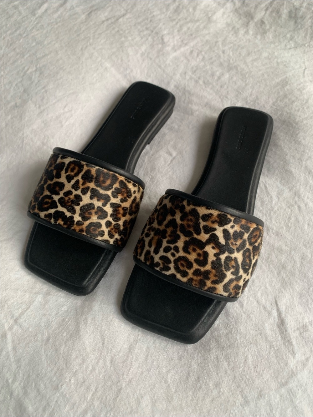 Anine Bing Ria Leopard Calf Hair Animal Square Slide Mules Sandals Black Brown